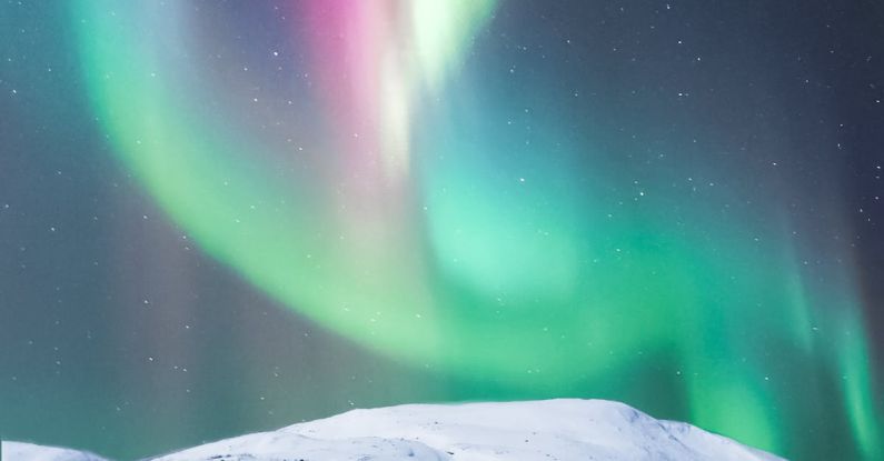 Inspiration Journey - Colorful polar lights over snowy mountain